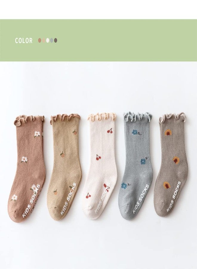 Adeimoo Baby Girl Non Skid Socks Newborn Toddler Frilly Ruffle Socks Infant Anti Slip Cotton Sock 5 Pairs 6-12 Months - Image 2