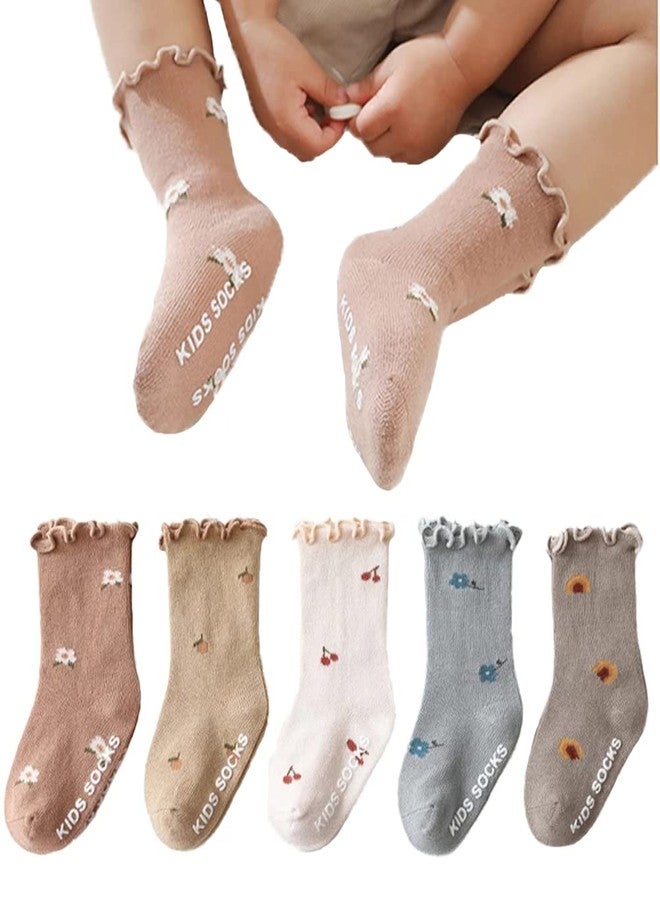 Adeimoo Baby Girl Non Skid Socks Newborn Toddler Frilly Ruffle Socks Infant Anti Slip Cotton Sock 5 Pairs 6-12 Months - Image 1