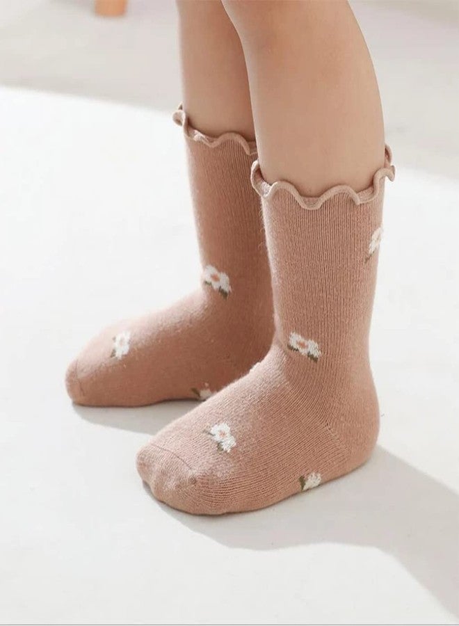 Adeimoo Baby Girl Non Skid Socks Newborn Toddler Frilly Ruffle Socks Infant Anti Slip Cotton Sock 5 Pairs 6-12 Months - Image 5