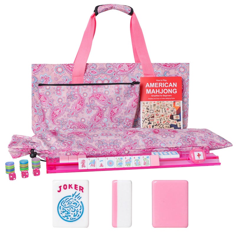 GUSTARIA American Mahjong Game Set, 166 Pink Tiles (1.2â€), 4 All-in-One Color Rack/Pushers & Drawstring Bag, Complete Mahjong Sets with Pink Printed Carrying Bag and Mahjong Tile Set Accessories - Image 1
