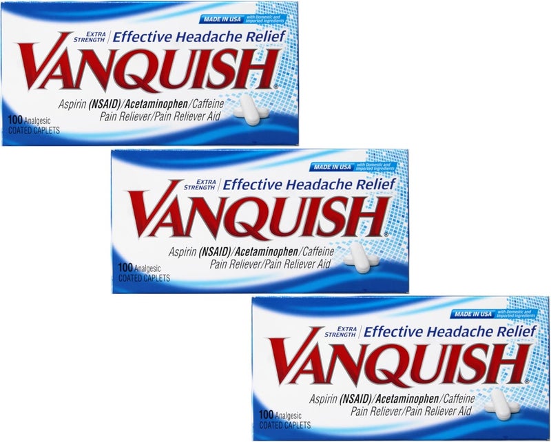Vanquish Effective Headache Relief  Aspirin NSAID Acetaminophen Caffeine 100 Analgesic Coated Caplets  3 Pack - Image 1