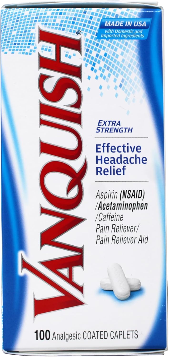 Vanquish Effective Headache Relief  Aspirin NSAID Acetaminophen Caffeine 100 Analgesic Coated Caplets  3 Pack - Image 5