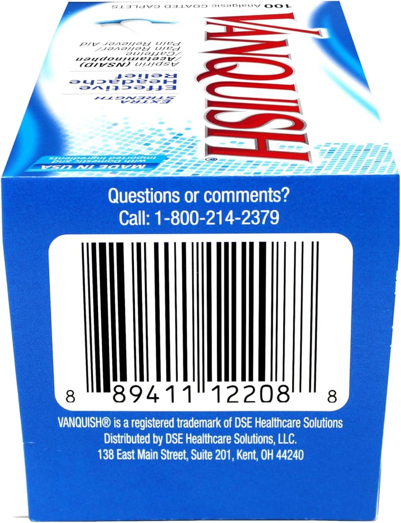 Vanquish Effective Headache Relief  Aspirin NSAID Acetaminophen Caffeine 100 Analgesic Coated Caplets  3 Pack - Image 4