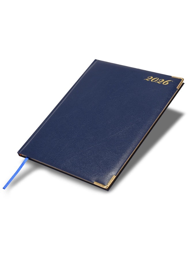 FIS 2026 Executive Diary, Size 210x260mm, Golden Edition, Hard Cover Vinyl, 1 Side Padded, Gold Gilded Edges, Round Corners, English/French, 70gsm White Paper, Blue Cover-FSDI32EG26BL - Image 1