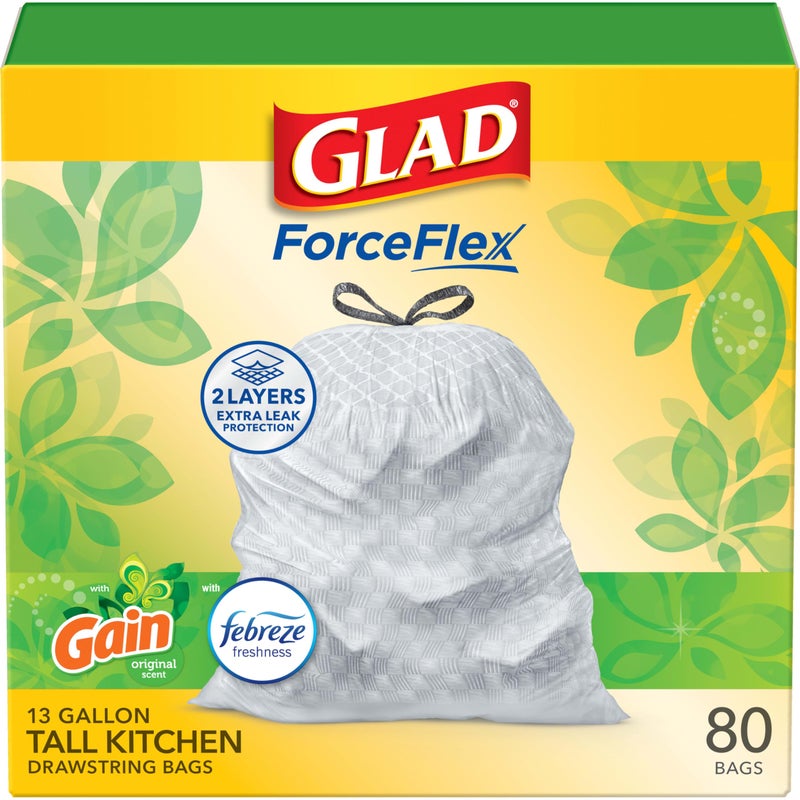 Glad ForceFlex Tall Kitchen Trash Bags, 13 Gal, Gain Original with Febreze, 80 Ct (Pack May Vary) - Image 1