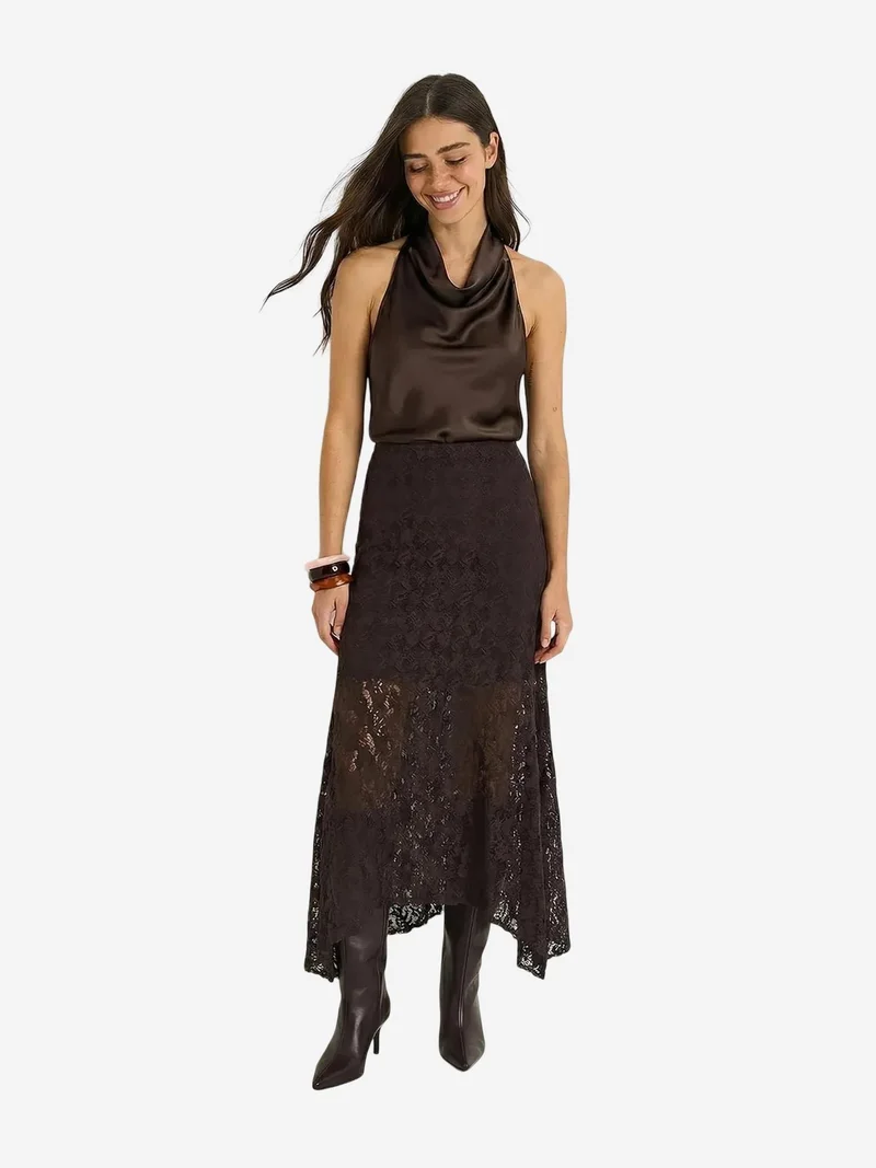 بيانكو لوتشي LUCCI High Waist Lace A-Line Midi Skirt