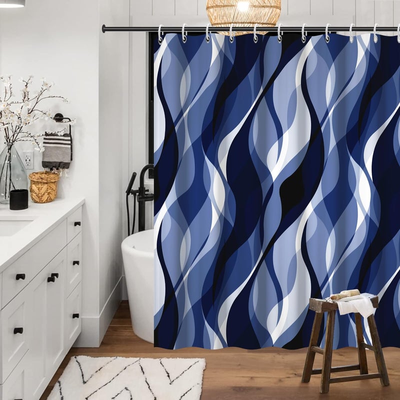 Ruelvth Navy Blue Shower Curtain, Modern Abstract Black and Blue Striped Shower Curtain Set for Bathroom Waterproof Shower Curtain with Hooks, 72x72 Inch - Image 2