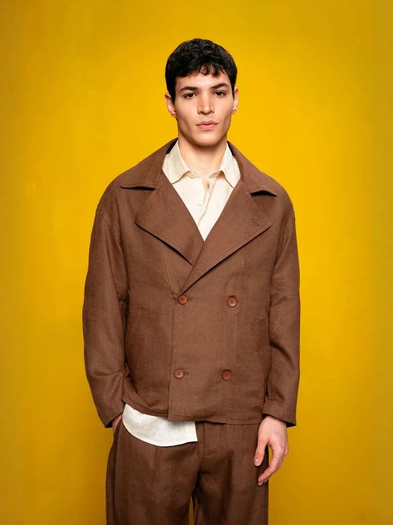 جيستو GIESTO Buttoned Linen Jacket with Jacket Collar
