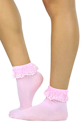 ToBeInStyle Women's Opaque Ankle High Socks With Ruffled Lace Top - Pink - Image 5