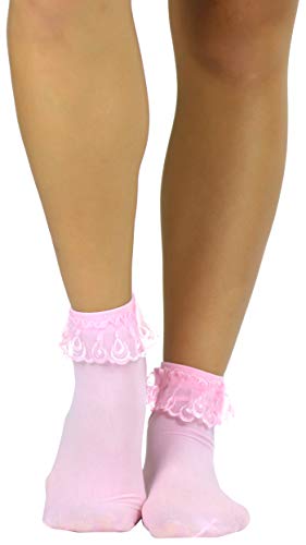 ToBeInStyle Women's Opaque Ankle High Socks With Ruffled Lace Top - Pink - Image 2