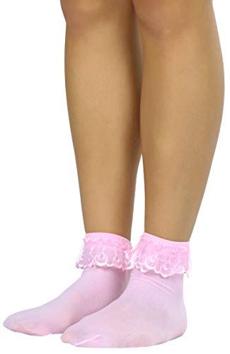 ToBeInStyle Women's Opaque Ankle High Socks With Ruffled Lace Top - Pink - Image 4