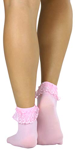 ToBeInStyle Women's Opaque Ankle High Socks With Ruffled Lace Top - Pink - Image 3