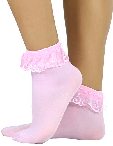 ToBeInStyle Women's Opaque Ankle High Socks With Ruffled Lace Top - Pink - Image 1