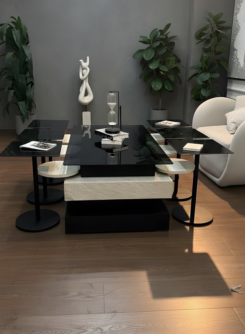UNIKSAR 7-Piece Modular Coffee Table Set with Glass & Marble Alternative Tiers - Modern Living Room Furniture - Image 2