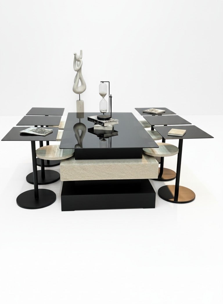 UNIKSAR 7-Piece Modular Coffee Table Set with Glass & Marble Alternative Tiers - Modern Living Room Furniture - Image 4