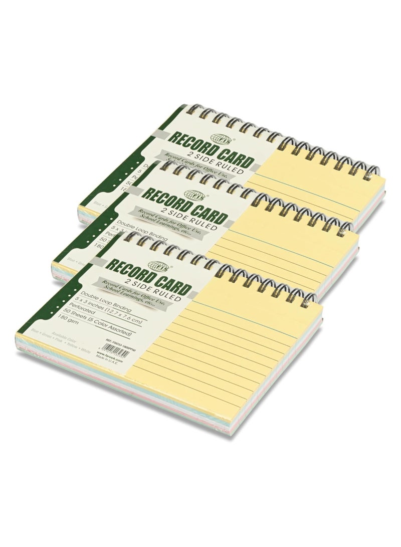 FIS® Ruled Record Cards, Size:5"x3" Inches (127x76mm), Double Loop Spiral Binding,Two Sides Single Ruled, 180gsm, Perforated, 50 Sheets Per Pad, Packet of 3 Pieces,5 Assorted Colors -FSIC53-180SPP50-3 - Image 1