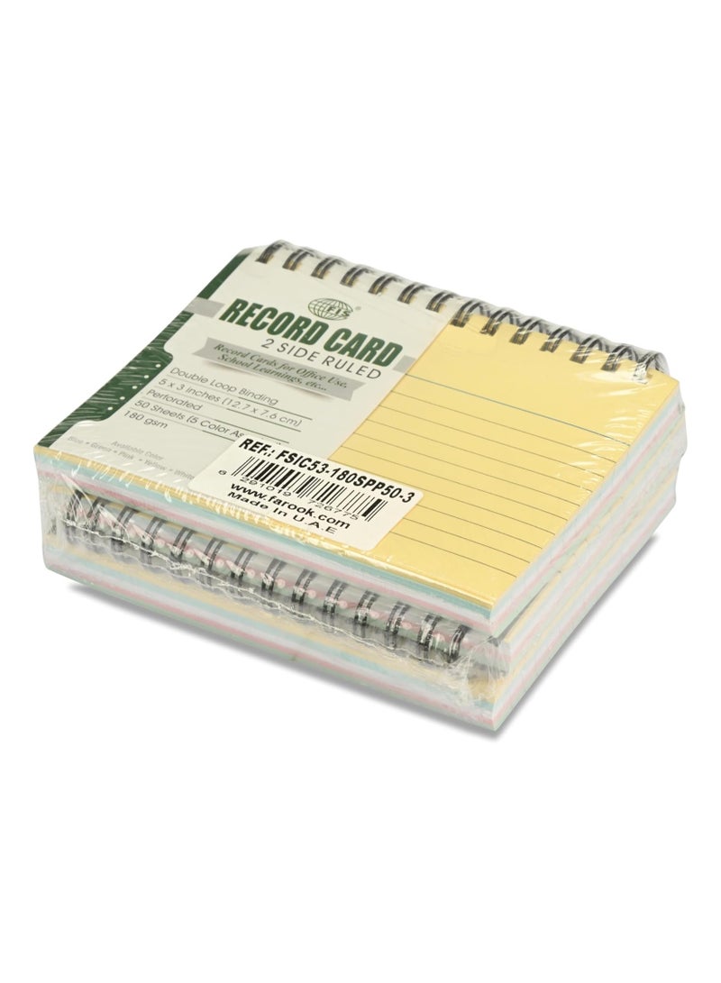 FIS® Ruled Record Cards, Size:5"x3" Inches (127x76mm), Double Loop Spiral Binding,Two Sides Single Ruled, 180gsm, Perforated, 50 Sheets Per Pad, Packet of 3 Pieces,5 Assorted Colors -FSIC53-180SPP50-3 - Image 4
