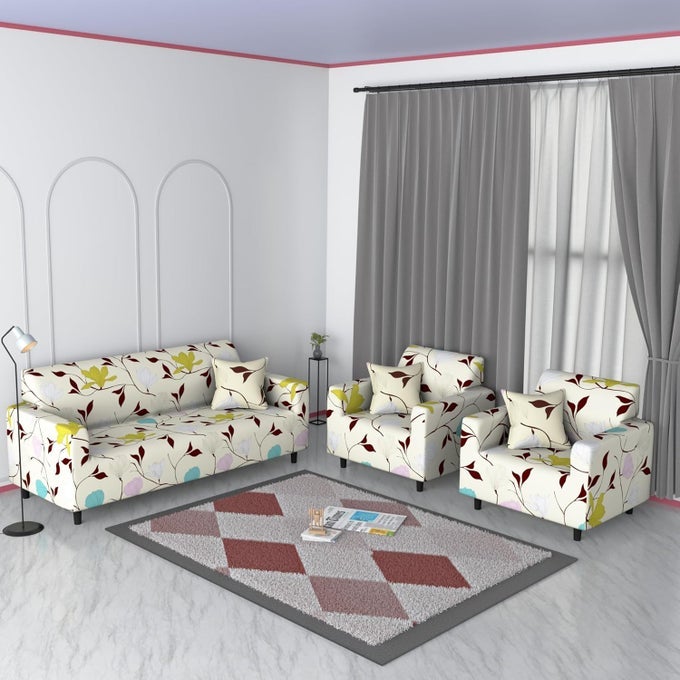 SOFA COVER 3 SEATER AND 2 SEATER FULLY COVERED UNIVERSAL 5 SEATER SOFA COVER NONSLIP STICKY ELASTIC STRETCHABLE SOFA SET SLIPCOVERWITH COUSION COVER CREAM BROWN LEAF FIVE SEATER 311