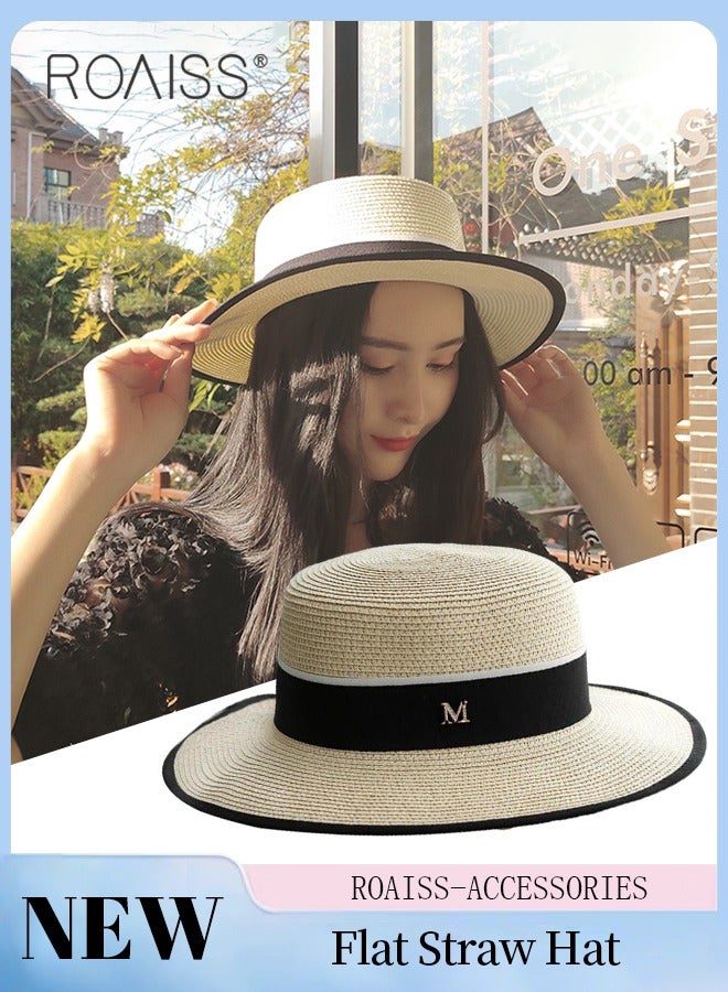 roaiss Classic Flat Top Straw Hat for Women Summer Beach Hat Vacation Sunshade Sunscreen Woven Hat Letter Decor Sun Hat Fashion Accessories - Image 1