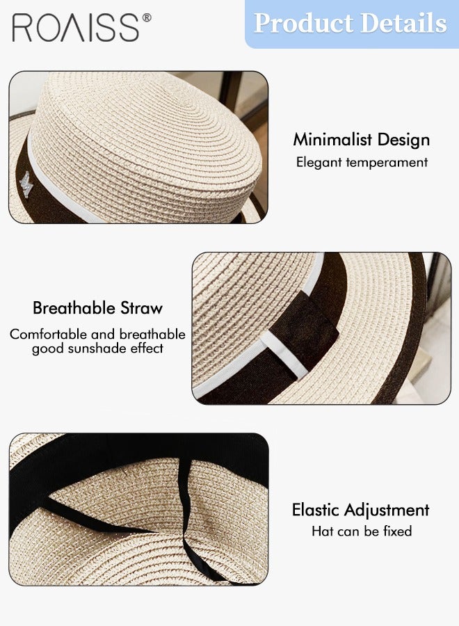 roaiss Classic Flat Top Straw Hat for Women Summer Beach Hat Vacation Sunshade Sunscreen Woven Hat Letter Decor Sun Hat Fashion Accessories - Image 3