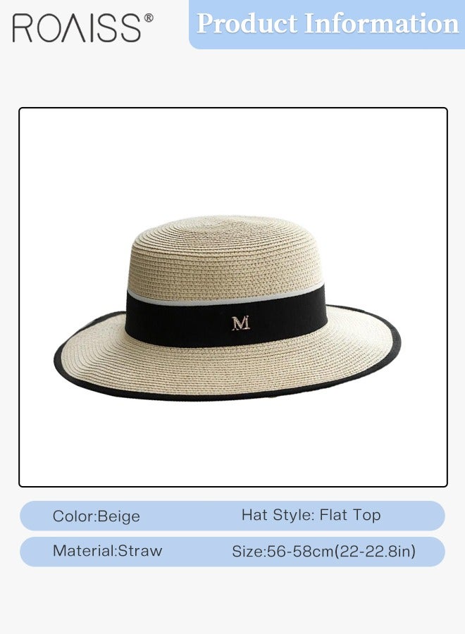 roaiss Classic Flat Top Straw Hat for Women Summer Beach Hat Vacation Sunshade Sunscreen Woven Hat Letter Decor Sun Hat Fashion Accessories - Image 2