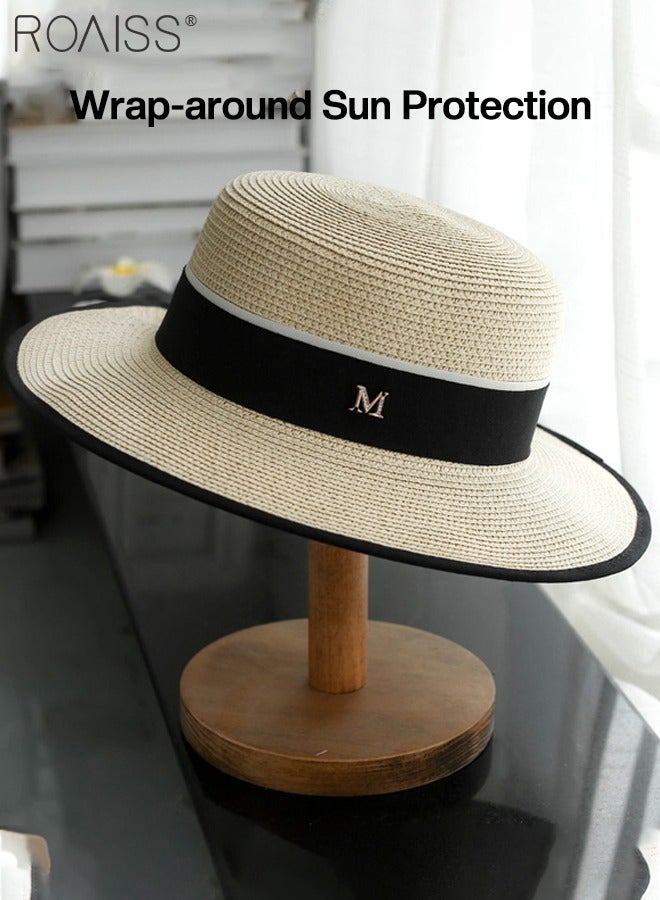 roaiss Classic Flat Top Straw Hat for Women Summer Beach Hat Vacation Sunshade Sunscreen Woven Hat Letter Decor Sun Hat Fashion Accessories - Image 4