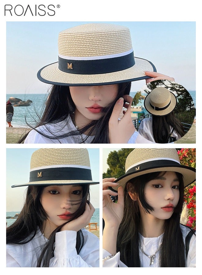 roaiss Classic Flat Top Straw Hat for Women Summer Beach Hat Vacation Sunshade Sunscreen Woven Hat Letter Decor Sun Hat Fashion Accessories - Image 5