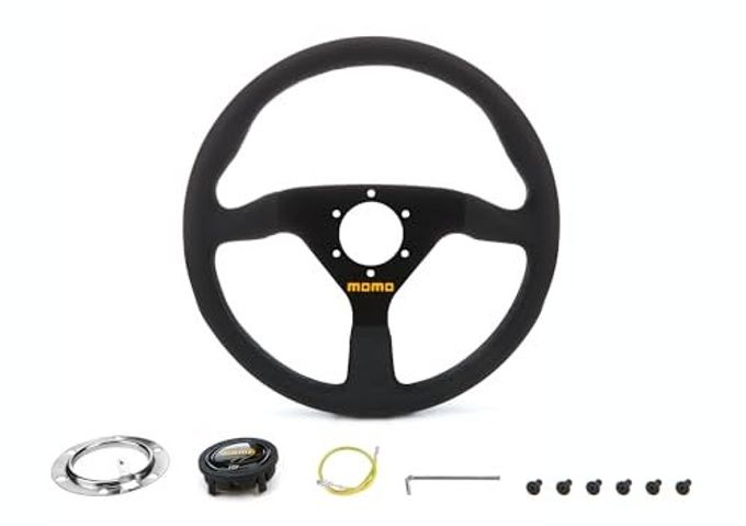 MOMO Motorsport Mod.78 Leather Racing Steering Wheel  320Mm, 40Mm Dish, Yellow Horn, 3-Spoke, 6-Bolt Aluminum Frame  Authentic Momo Italian Aftermarket Wheel, Quick Release Hub Adapter Required - Image 1