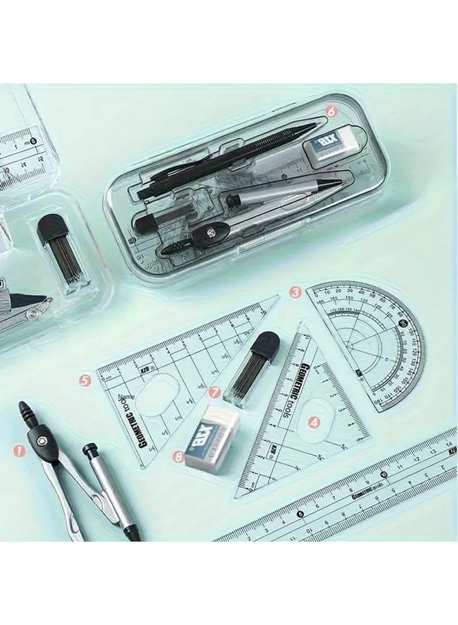 Black Geometric Compass Ruler Set 8 Pieces Drawing Tool Kit For School Art Projects - Image 5