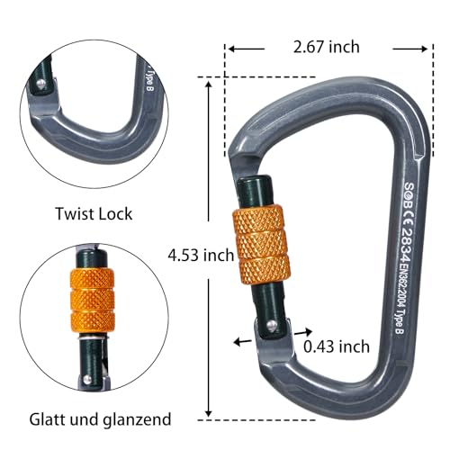 SOB Auto Locking Climbing Carabiner Clips 2Pack 28KN Heavy Duty Asymmetrical Carabiner Connector Used for Rappelling Gear Rescue Outdoor Projects Dog Leash (D-2) - Image 2