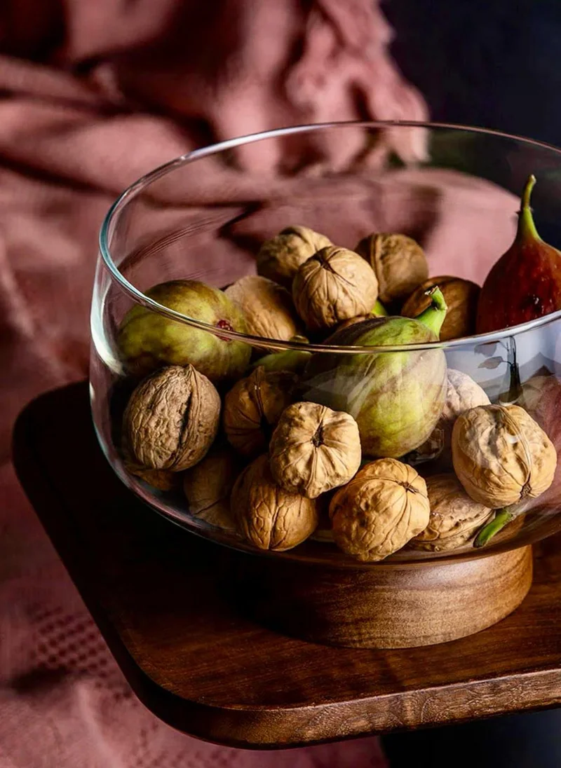 Quesera  European Glass  and walnut wooden Fruit Bowl  | Best Price UAE