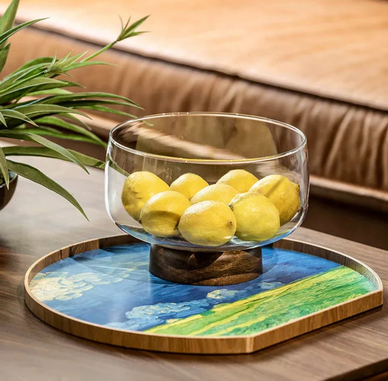 Quesera  European Glass  and walnut wooden Fruit Bowl  | Best Price UAE
