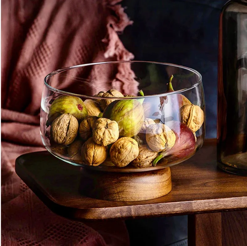 Quesera  European Glass  and walnut wooden Fruit Bowl  | Best Price UAE