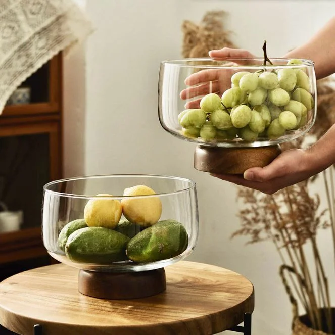 Quesera  European Glass  and walnut wooden Fruit Bowl  | Best Price UAE