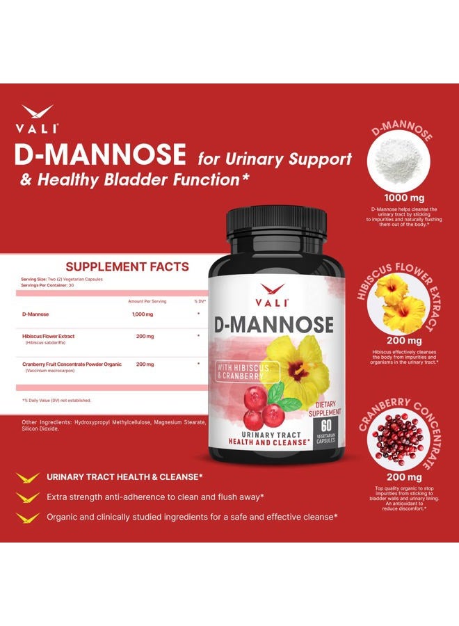 VALI D-Mannose 1000mg Urinary Tract Health Formula. Organic Cranberry Fruit Powder & Hibiscus. Healthy Bladder, Natural Cleanse, Fast Detox Flush, Herbal UT Function Support Pills. 60 Veggie Capsules - Image 2