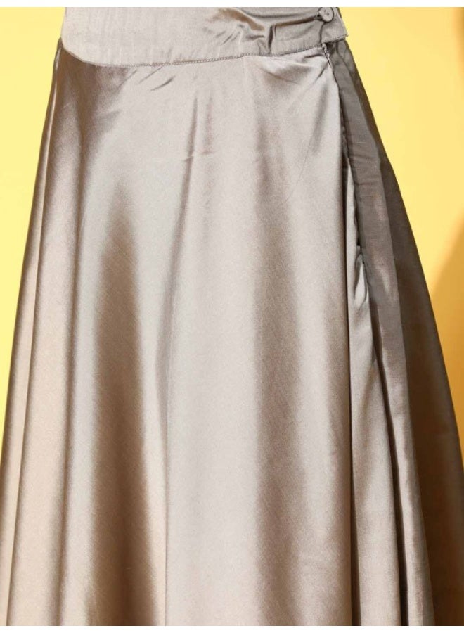 أيه كيه إس طقم لينجا تشولي ذهبي رمادي مزين بالزاري مع دوباتا حمراء - Image 3