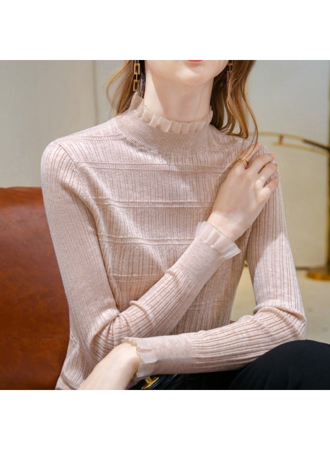 NIBEMINENT Autumn Winter  Ruffles Long Sleeve Slim Elegant All-match Fashion T Shirt Tops Casual Vintage Women Clothing