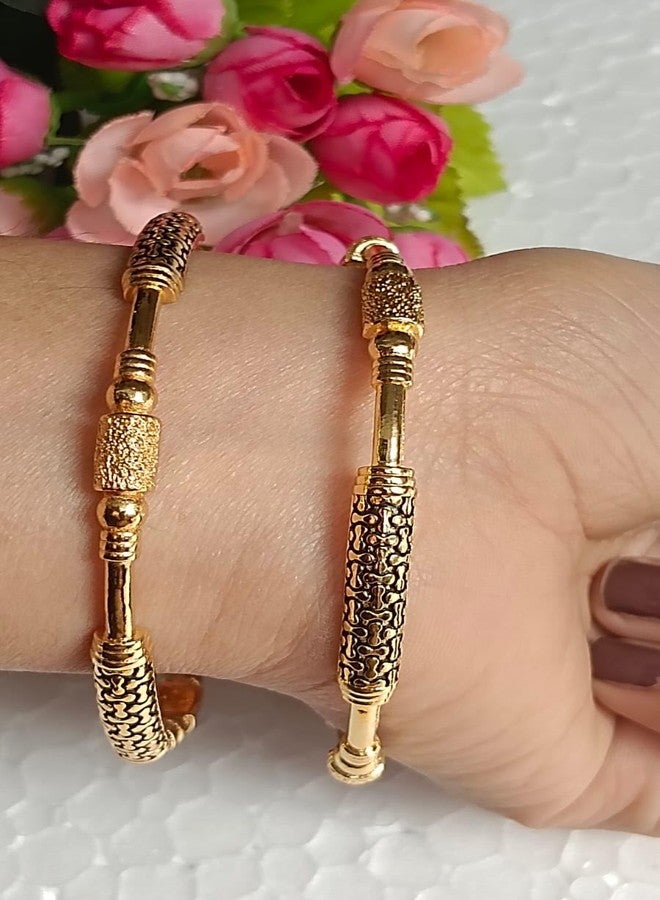 DENICRAAS Bangles for Women and Girls Royal Style Broad Golden Antique Kada Bangle Jewellery For Girls & Women | Square Women's Facny Design Gold Plated Kada (Pair of 1) (Size :- 2. 10) - Image 5