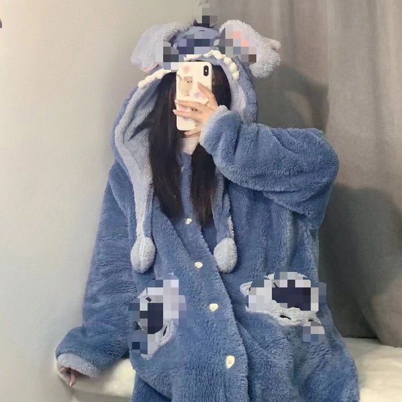 Stitch Nightgown Winter Long-Haired Comfortable Cotton Velvet Melody Big-Eyed Boy Home Clothes Thickeneded Can Be Worn Outside Blue Boy Nightgown - Image 4