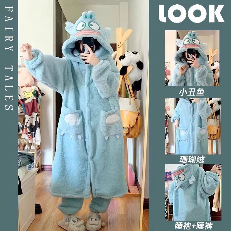 Stitch Nightgown Winter Long-Haired Comfortable Cotton Velvet Melody Big-Eyed Boy Home Clothes Thickeneded Can Be Worn Outside Blue Boy Nightgown - Image 1