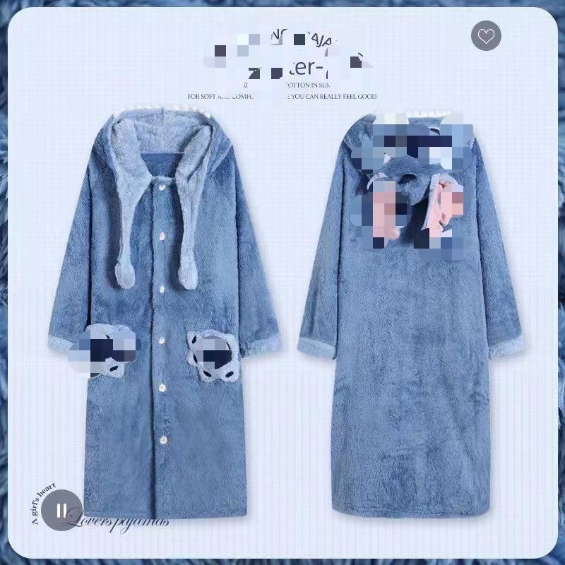 Stitch Nightgown Winter Long-Haired Comfortable Cotton Velvet Melody Big-Eyed Boy Home Clothes Thickeneded Can Be Worn Outside Blue Boy Nightgown - Image 2