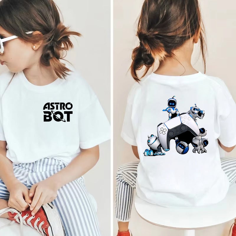 تي شيرت أبيض للأطفال صغير ومتوسط بكم قصير بتصميم كرتوني لروبوت الفضاء أسترو بوت - Image 1