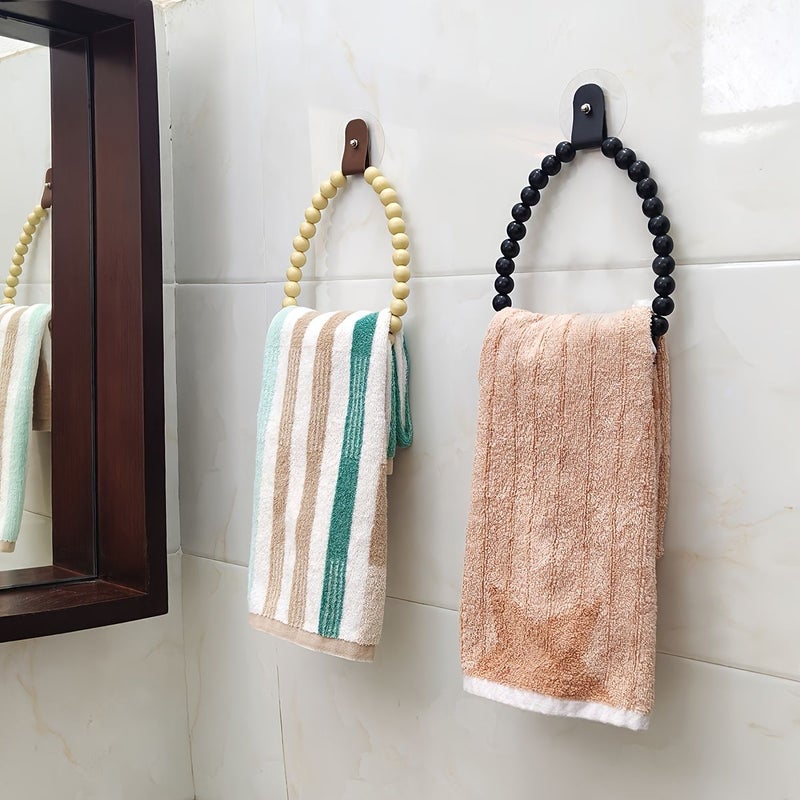 Light Beige Bohemian Wooden Bead Towel Ring Hand Towel Holder - Image 1