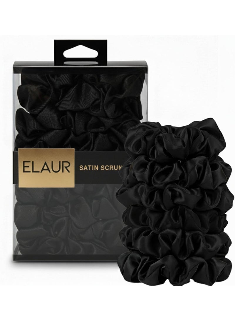 ELAUR Silk Scrunchies Satin for Women Girls | No Frizz No Crease | Soft Hair Accessories| Large Hair Ties Scrunchy | Black Elastic Hair Band | Pack of 6 (Midnight) - Image 1