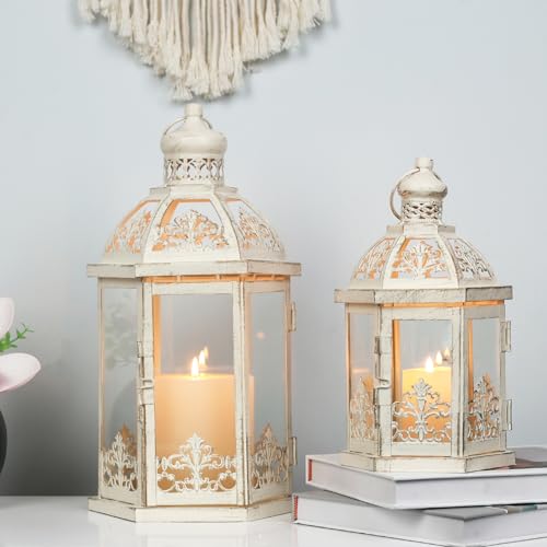 NEEDOMO Lanterns Decorative Outdoor&Indoor, Set of 2 (15"&11") Beige Metal Lantern Decor with Glass, Candle Holder for Porch, Patio, Garden, Fall, Wedding, Christmas, Table Centerpiece - Image 1