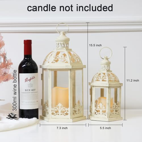 NEEDOMO Lanterns Decorative Outdoor&Indoor, Set of 2 (15"&11") Beige Metal Lantern Decor with Glass, Candle Holder for Porch, Patio, Garden, Fall, Wedding, Christmas, Table Centerpiece - Image 3