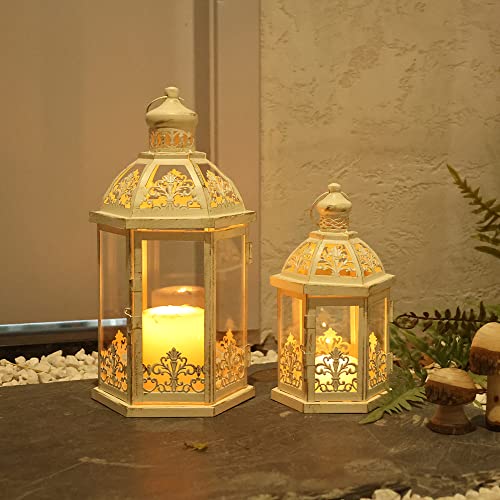 NEEDOMO Lanterns Decorative Outdoor&Indoor, Set of 2 (15"&11") Beige Metal Lantern Decor with Glass, Candle Holder for Porch, Patio, Garden, Fall, Wedding, Christmas, Table Centerpiece - Image 4