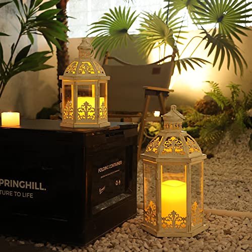 NEEDOMO Lanterns Decorative Outdoor&Indoor, Set of 2 (15"&11") Beige Metal Lantern Decor with Glass, Candle Holder for Porch, Patio, Garden, Fall, Wedding, Christmas, Table Centerpiece - Image 2