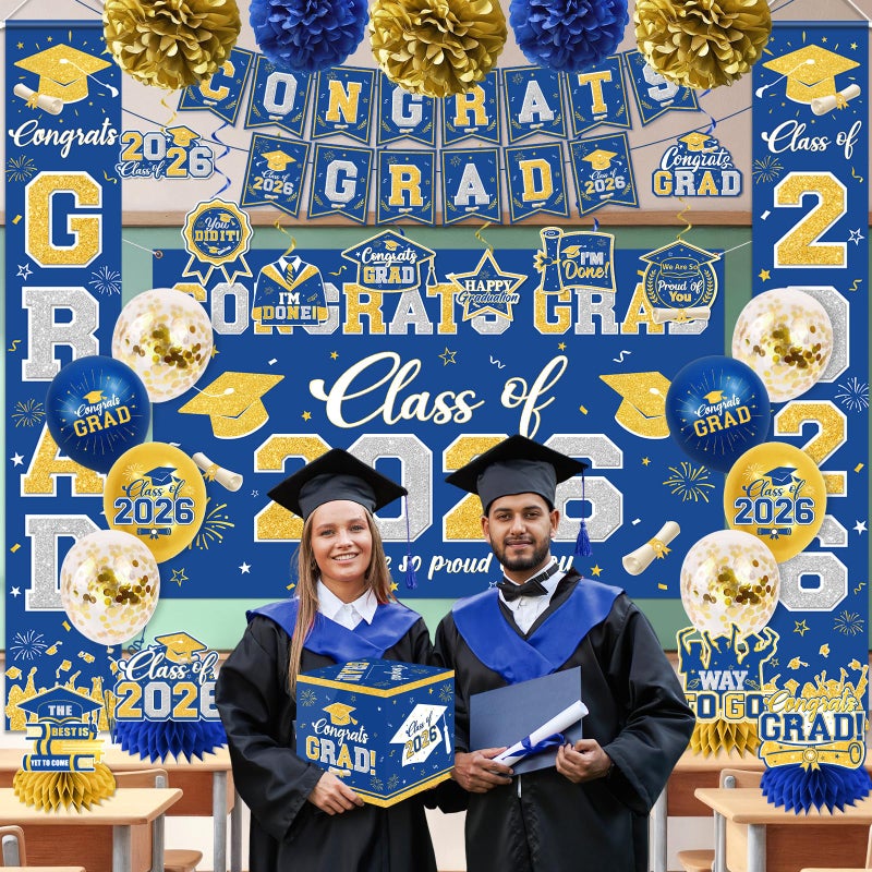 YTGUVBK Graduation Decorations Class of 2026 Blue and Gold Graduation Decorations with Congrats Grad Banner,Backdrop,Porch Sign,Balloons,Hanging Swirls,Honeycomb Centerpieces,Box for Graduation Party Supplies - Image 2