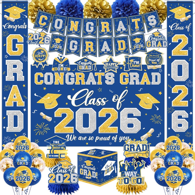 YTGUVBK Graduation Decorations Class of 2026 Blue and Gold Graduation Decorations with Congrats Grad Banner,Backdrop,Porch Sign,Balloons,Hanging Swirls,Honeycomb Centerpieces,Box for Graduation Party Supplies - Image 1